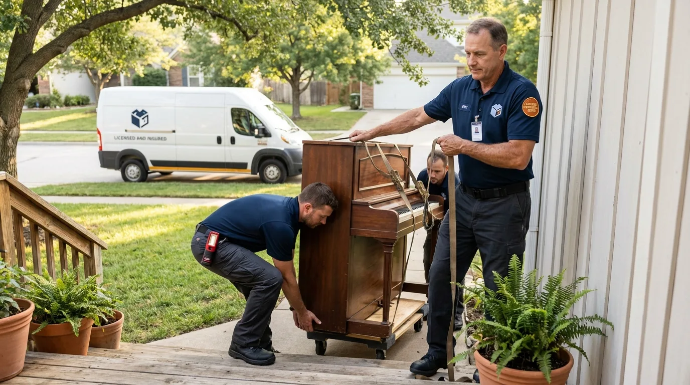 Licensed piano movers securing grand piano in Spencer, MA