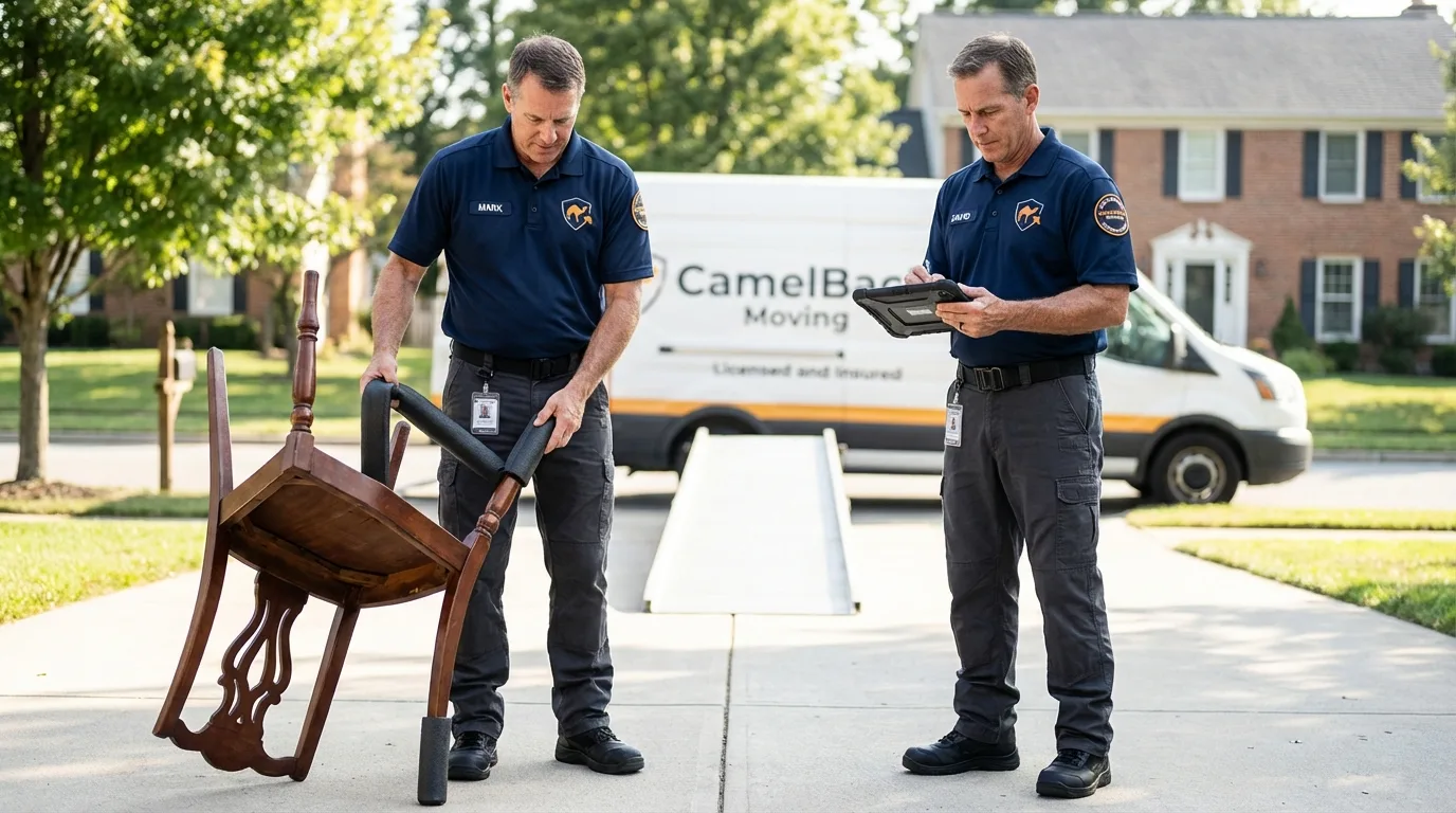 Movers inspecting furniture for damage prevention before loading in Spencer, MA