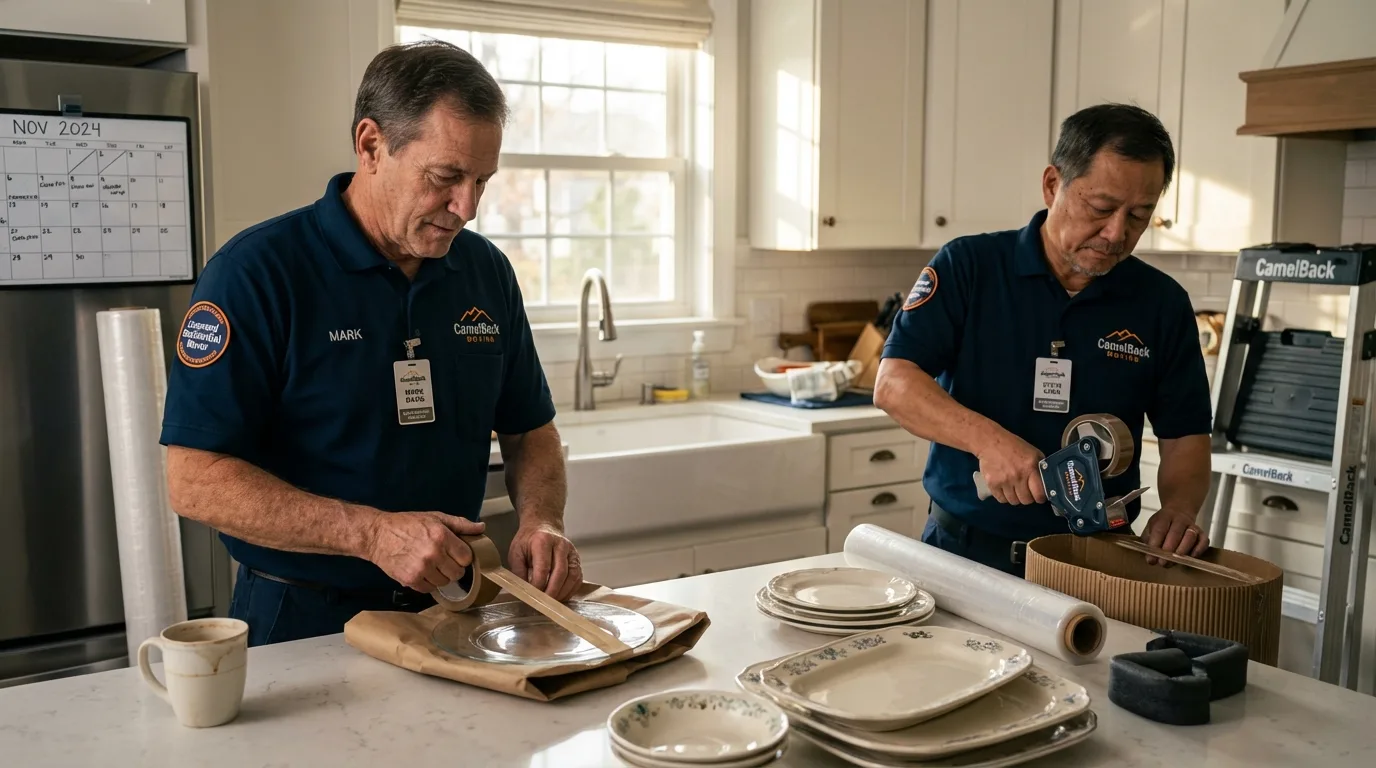 Professional crew packing kitchen dishware in Spencer, MA